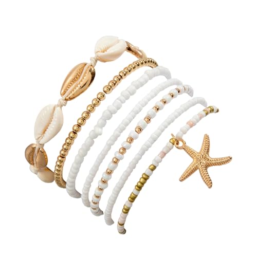 CHAOTEMAI 7 Piezas Pulsera de Playa 6.5cm Boho Playa Pulsera de Playa Pulseras de Concha Para Joyería Hippie Con Regalo Pulseras Bohemias Con Cuentas En Capas Pulseras de Conchas Marinas