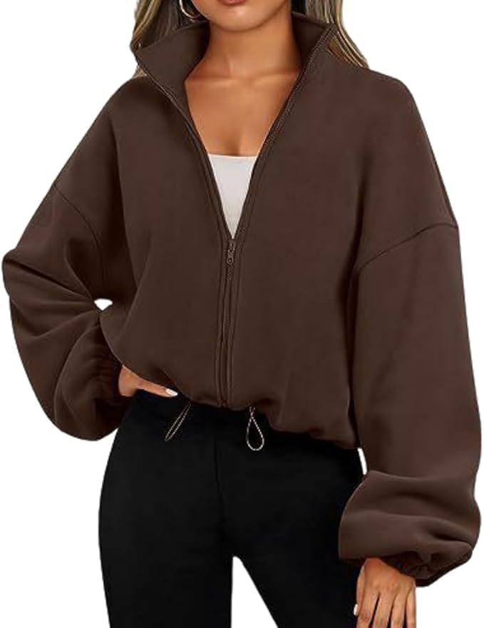 Women’s Y2K Oversized Sherpa Fleece Crop Zip-Up Jacket – Long Sleeve Cozy Winter Sweatshirt