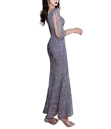Vestido de festa longo de noite com gola redonda e babados de lantejoulas meia manga (Color : Haze B