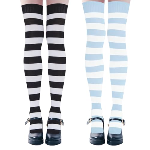 ASFWAGQ Calcetines extra largos para mujer, coloridos calcetines a rayas, cómodos, calcetines altos hasta el muslo, 2 pares de calcetines altos Y2K en colores vivos para carnaval, Halloween y