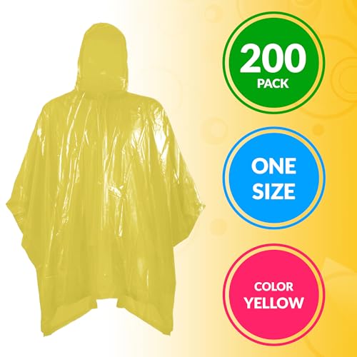 Image of ABC PACK & SUPPLY Disposable Rain Ponchos for Adults, Yellow Hooded Rain Poncho, One Size, Polyethylene 0.02mm, Individually Wrapped, Bulk Pack of 200