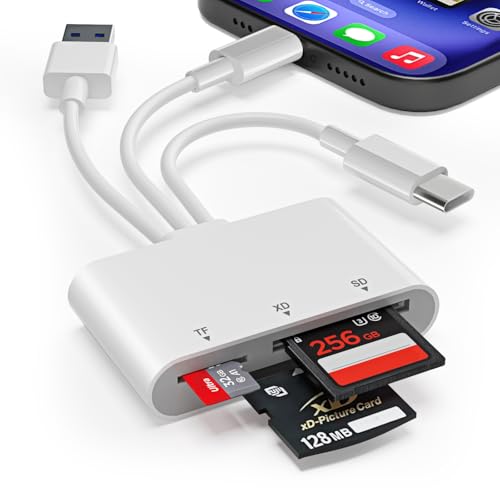 XD Card Reader, SD Card Reader for iPhone, 3 in 1 SD/TF/XD Card Adapter with Lightning+USB A+USB C Photos Files Transfe for iPhone 17/16/15/14/PC/Android- Olympus xd Picture Card Reader Compatible