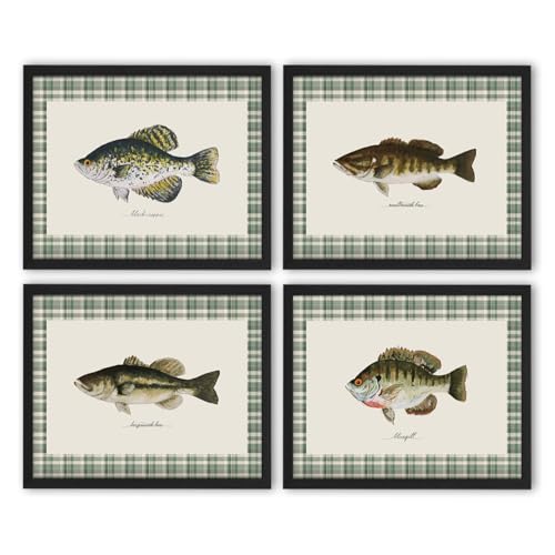 NaZaUK Vintage Fishing Wall Art Prints Rustic Fish Canvas Wall Art Decor Lake House Decor Vintage Nursery Decor Farmhouse Poster Artwork for Kitchen Bedroom 8x10 Inches Set of 4 Unframed