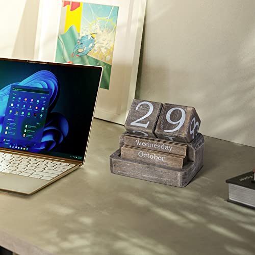 EASEYA Calendário de blocos de madeira para mesa, calendário de mesa perpétuo diário, acessórios de