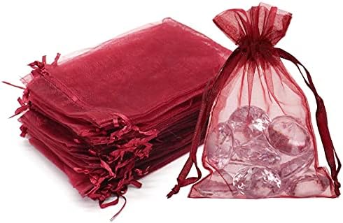 Gmnosuw 100 Count Organza Drawstring Gift Bag for Jewelry,Card,Merchandise,5x7 Inch Sheer Fabric Mesh Gauze Burgundy Ornament Sachet for Baby Shower,Christmas,Lady Birthday,Party Favors,Rustic Wedding