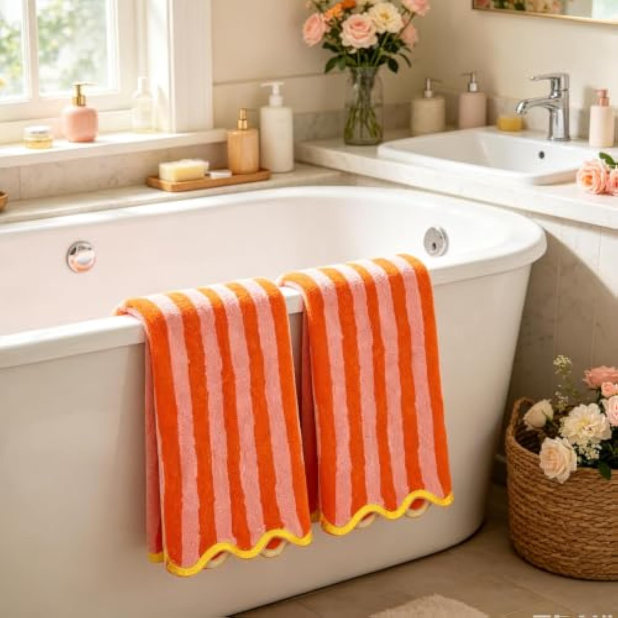2 Pcs Orange Pink Stripe Hand Towels, Absorbent Cotton