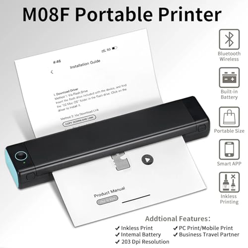 Image of Thermal Printer, Wireless Portable Printer, Supports 8.26 inchx11.69 inch A4 Thermal Paper,Small Mobile Printers for Car & Office
