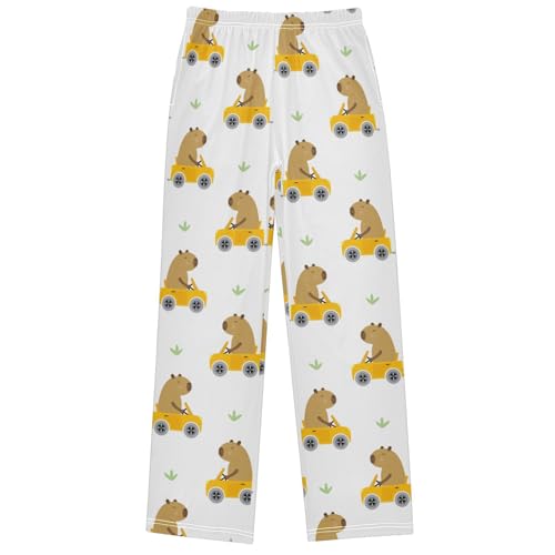Boy's Pj Pants Capybara Car Driver Grass White Lounge Bottoms Elastic Waist Kids Joggers with Pockets Size 6-14