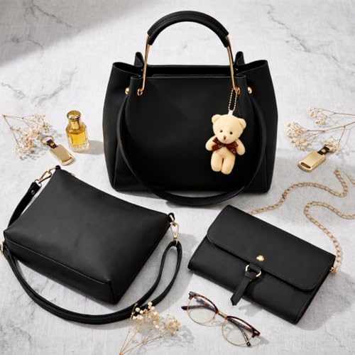 Image of DANIEL CLARK Women's 3 Pcs Handbag Set - Large Tote Shoulder Bag with Sling Bag & Crossbody Purse, PU Leather Stylish Ladies Handbag Combo with Teddy Charm for Office, Travel & Daily Use