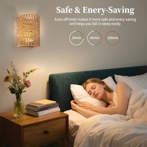 Image of FINCMY Boho Wall Decor Rechargeable Wall Sconce, 18 RGB Colors Dimmable Wireless Wall Lights Battery Operated Wall Sconce for Bedroom Living Room Hallway, Natural Hemp Rope Boho Decor