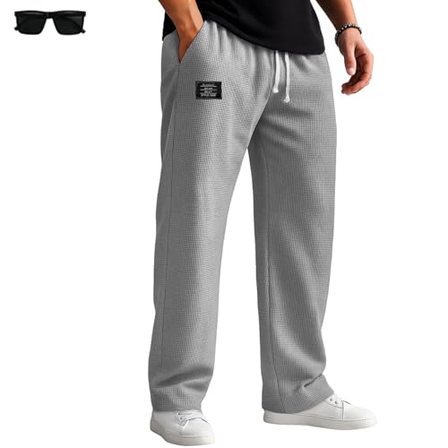 Mokaloha Mens Waffle Pants, 2025 New Men's Casual Waffle Embroidered Logo Elastic Waist Loose and Comfortable Trousers