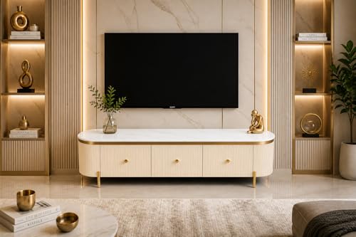 Image of Mazzo White Marble TV Unit Console | 70 inchx15 inchx18 inch | Golden Legs & Charcoal Louvers | Storage Drawers | Modern TV Stand Console Unit White Marble Top with Gold Accents, Storage (Ivory)