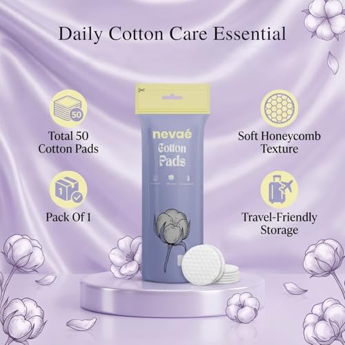 Image of Nevae Multipurpose Cotton Pads, 100% Cotton, Embossed Double Sided, for Skin Cleaning, Eye & Face Makeup Removal, Nail Polish Removal, Soft Round Facial Cotton Pads (50 Pcs)