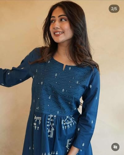 Image of Women's Cotton Embroidered Anarkali Kurti with Pant Set