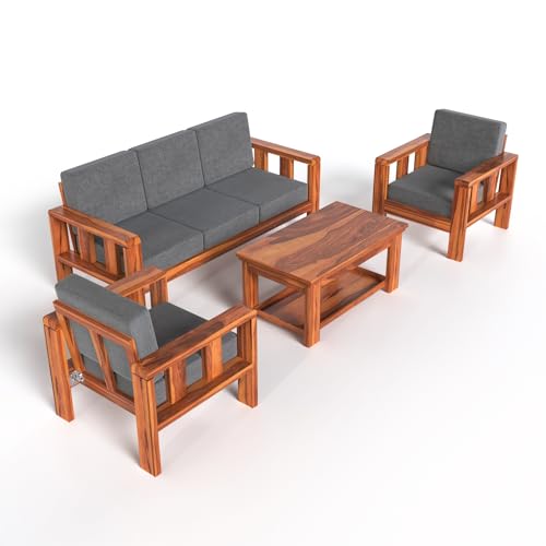 Image of Wooden Sofa Set for Living Room, Office | Solid Wood 5 Seater Sofa with Cushion, 3+1+1 Sofa Set in Natural Teak Finish