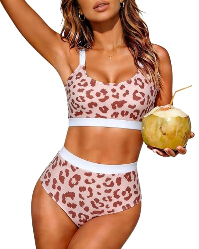 Image of Womens High Waisted Bikini Sets Sporty Crop Top Color Block Swimwear Bandeau Scoop Neck Vintage Two Piece Bathing Suits