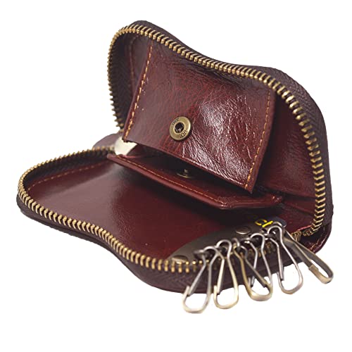 BAWAKO Schlüsselmäppchen aus Leder für Damen und Herren,schlüsseletui mit Schlüsselanhänger für 6 Schlüssel, kleine Geldbörse für Kleingeld Münze Karte (W7/L12, Braun) Cover