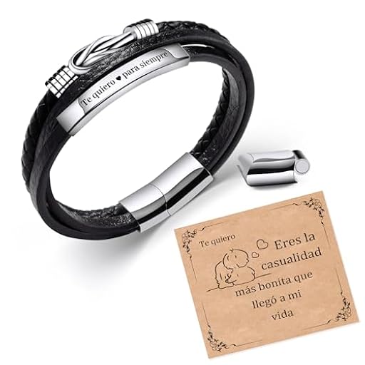 SUNSH Pulsera Hombres Ilimitado Nudo Grabado de Acero Inoxidable Trenzado Pulsera de Cuero Para El Novio Marido Día de San Valentín Hombre Cumpleaños Regalo Pareja Hombres-Pareja | Ya disponible en tu tienda friki favorita! En mundofriki.es!