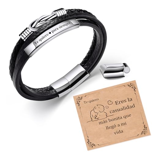 SUNSH Pulsera Hombres Ilimitado Nudo Grabado de Acero Inoxidable Trenzado Pulsera de Cuero Para El Novio Marido Día de San Valentín Hombre Cumpleaños Regalo Pareja Hombres-Pareja