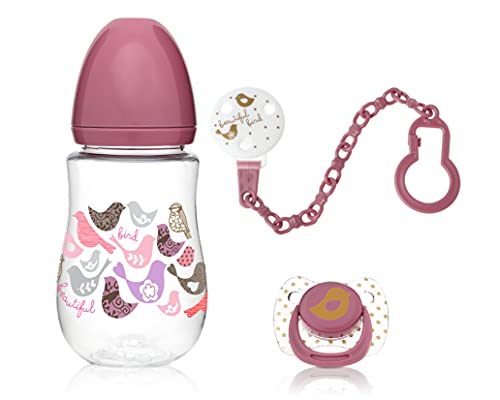 Kiokids Set Biberón, Chupete Y Pinza Rosa Regalo Recién Nacido