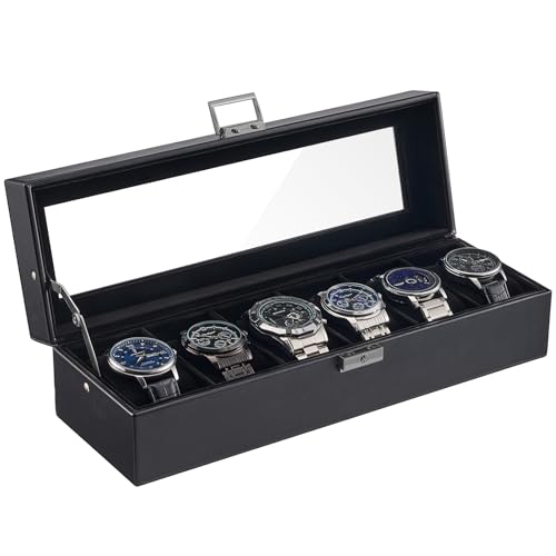 ProCase Caja para Relojes, 6 Ranuras Organizador de Joyas Relojero Multifuncional Caja Joyería Cuero PU con Almohadilla Suave Tapa Cristal Vidrio Almacenamiento Porta Reloj para Hombres -Negro Puro