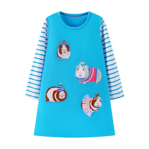 HILEELANG Toddler Girls Long Sleeve Dress Cotton Casual Blue Stripe Mole Applique Jersey Shirt Playwear Dresses 3T