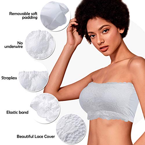 Dd Demoiselle Women's Wireless Bandeau Bra 3-Pack, Strapless Bras For Women, Lace Black Beige White, S #TOP4