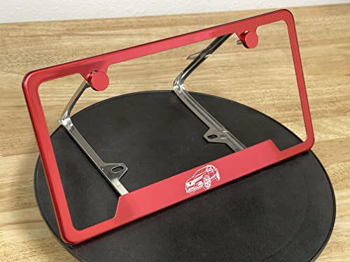 Laser Etching Custom Personalized Logo Red Chrome T304 Stainless Steel Bottom Cut Out Style License Plate Frame Holder W/Silicone Back Guard And Metal Screw Caps #TOP1