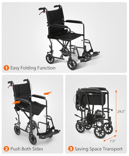 OS MOTOR Lightweight Foldable Transport Wheelchair with Handbrakes, 16\" Wide Seat for Adults Seniors Easy Transfers, 250lbs, Black
