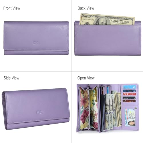 Image of Women's Top Grain Leather Wallet, RFID Blocking Bifold clutch, 17 Card Slots, Zip Pocket Organizer, Elegant Gift for Women - Birthday, Valentine, Anniversary - LAVENDER