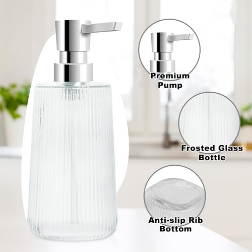 Image of Glass Soap Dispenser for Bathroom, 250ml /8.5oz Dish Soap Dispenser with Pump for Kitchen, Modern Minimalist Stripe Style Hand Soap Dispenser, Small Refillable Soap Dispenser (Clear 1pc)