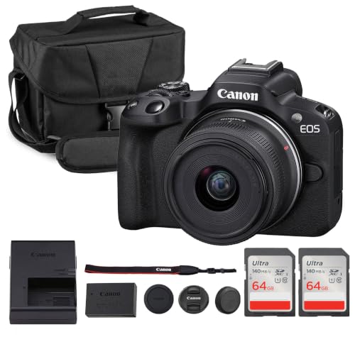 Canon EOS R50 Mirrorless Camera Kit – APS-C RF Camera with 18-45mm Lens, 4K Video, Dual Pixel AF II & Vari-Angle Touchscreen + Shoulder Bag + 2 x 64GB Cards