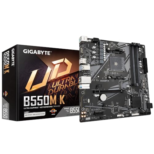GIGABYTE B550M K Mainboard – AMD Ryzen 5000 CPUs, bis zu 4733 MHz DDR4, 1xPCIe 4.0 + 1xPCIe 3.0 M.2, 1GbE LAN, USB 3.2 Gen 1