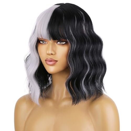 BERON 14 Inches Gray Mix Black Wig with Bangs Short Curly Wig Gray Mix Black Curly Wigs for Women Daily Party or Cosplay Hairnet Include