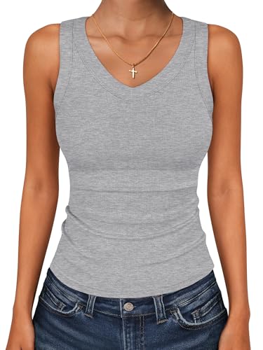 ANRABESS Tank Tops for Women V Neck Ribbed Knit Slim Fitted Sleeveless Basic Tee Tanks Casual Summer Clothes 2026 Grey M