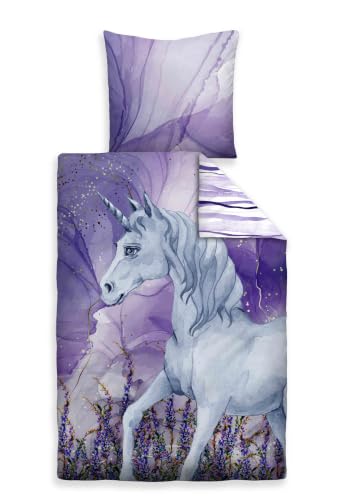 Traumhaft schlafen - Castell - Markenbettwäsche Baumwoll Renforce Bettwäsche 0400910 Einhorn 1x 135x200 cm + 1x 80x80 cm violett