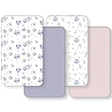 FIEMOL Baby Crib Sheets Girl, Toddler Bed Sheets Fitted for 52”x28”Standard Crib and Toddler Mattresses, 4 Pack Soft Breathable Stretchy Pink Purple Floral