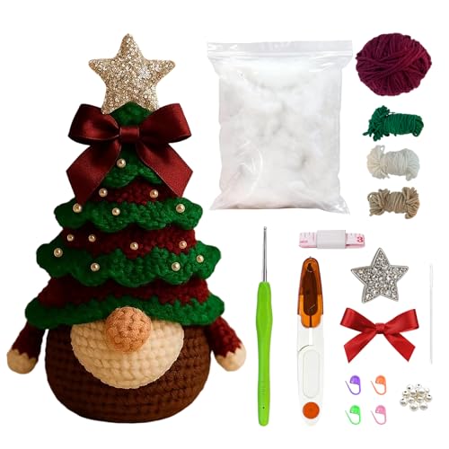 Kenmohuo Christmas Tree Gnome Crochet Kit for Beginners Adults, DIY Crocheting Holiday Decoration Set, Handmade Christmas Craft Art Gift for Friend Family, Includes All Materials & Instructions