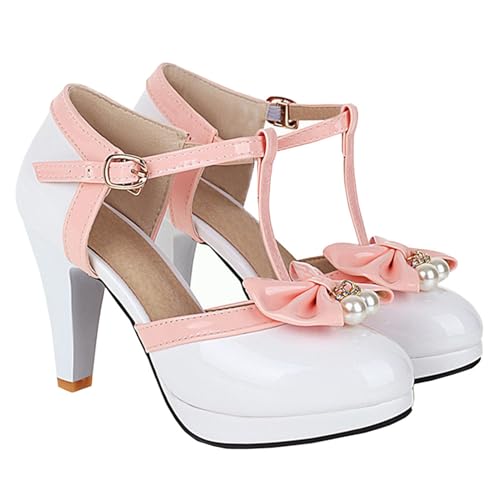 Image of Elbslutt Women's Cute Retro Rockabilly Shoes T Strap Mary Janes Heels Chunky Cosplay Shoes Sweet Block Heeled Bow Pumps