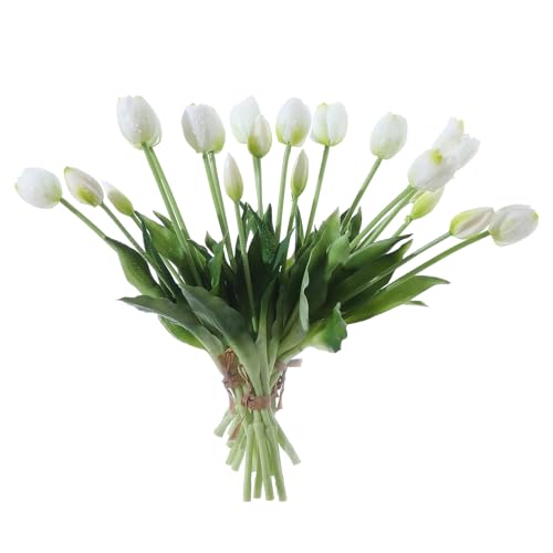 Wenhuidr 20PCS White Fake Tulips Artificial Flowers Real Touch Latex Faux Tulips UV Resistant Fake Flowers Bouquet for Table Home Decor Party Wedding Garden Decoration