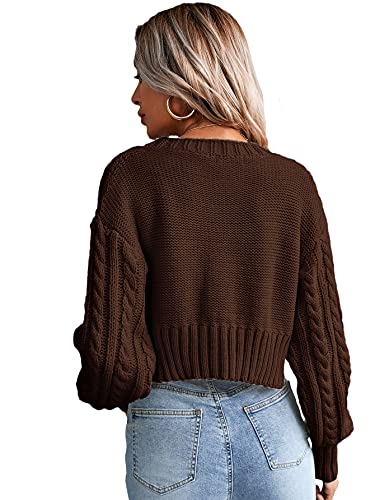 Romwe Women's Loose Long Sleeve Knit Button Down Cardigan Sweaters 2 Pieces Sweatshirt Pullove Crop Top Sets Chocolate Brown S #TOP1