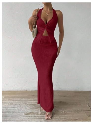 Image of SOLY HUX Women's Two Piece Outfits Twist Front Halter Cami Tops and Skirt Summer Set