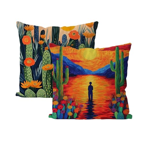 Exterieur Imperméable Housses de Coussin 70x70 Housse de Canapé Cactus Coussin Exterieur Taie Oreiller Lin Carré Coussins Décoratifs, Patio Jardin Decoration Maison Lot de 2 (Coucher Soleil) B4-367