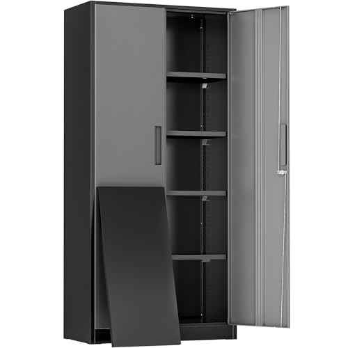 Image of Greenvelly Metal Storage Cabinet,72 inch Locking Metal Garage Storage Cabinet with Doors and 4 Adjustable Shelves, Lockable Steel Cabinet for Home Office, Garage, Shop, School (Black Grey 32 inch W x 16 inch D)