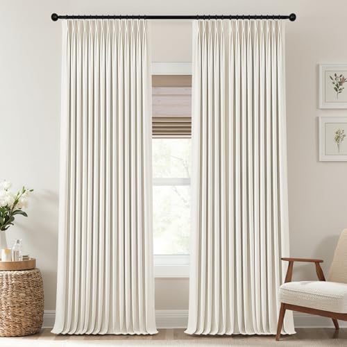 Pinch Pleated Linen Blackout Curtains, Cream Natural Fabric Slub Textured