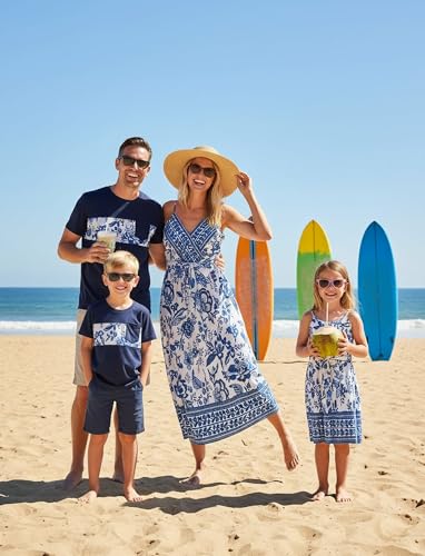 Image of PATPAT Family Matching Outfits Mommy and Me Dresses Hawaiian Tropical Vacation Beach Spaghetti Strap Dress and Shirt