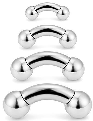 Scerring 4Pcs 2G 4G 6G 8G Pa Ring Bent Curved Barbell Internally Threaded Monster Screwball Rings 316L Surgical Steel Body Piercing Jewelry Bar Length 12Mm Silver #TOP19