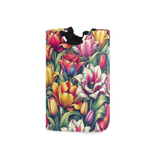 Jihqo Laundry Hamper Basket Vivid Tulips Floral Collapsible Nursery Storage Bin Waterproof Clothing Baskets for Home Bedroom Bathroom Washing Room