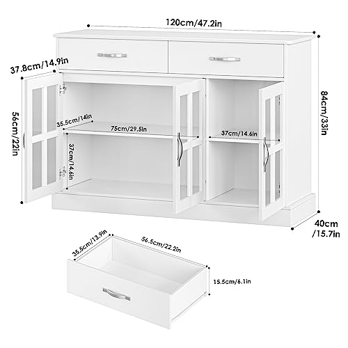 Fotosok Sideboard Buffet Cabinet With Glass Doors, Buffet Sideboard Kitchen Sideboard Cabinet Buffet Table With 2 Storage Drawers & Shelves For Dining Living Room, White #TOP2