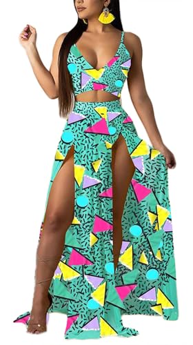 Image of Women Sexy 2 Piece Outfits Dress Chiffon Strap Deep V Neck Bra Crop Top High Split Maxi Dresses Skirt Set